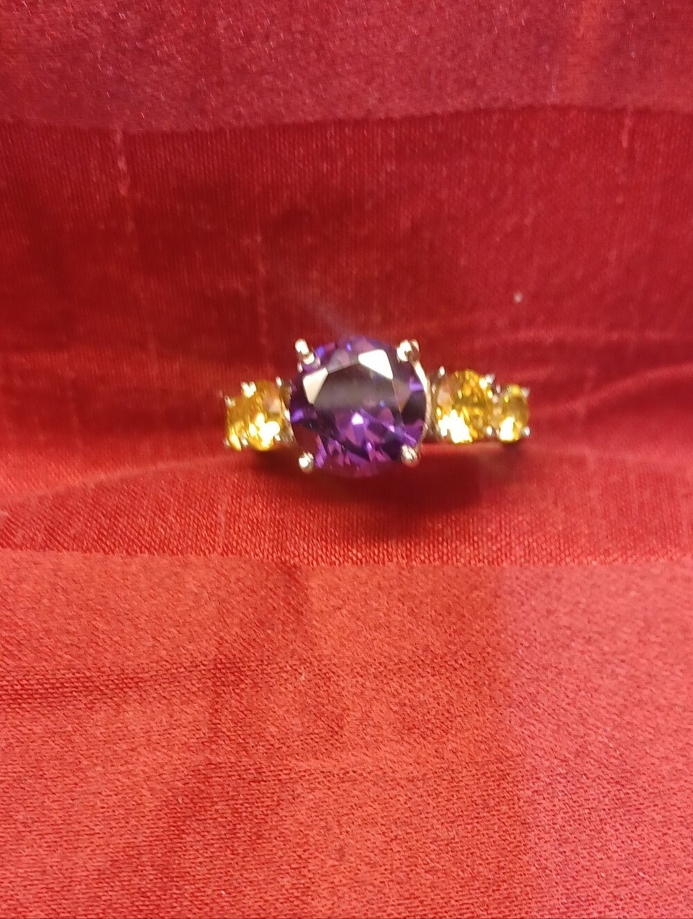 Purple and Yellow Gemstone Three-Stone Ring